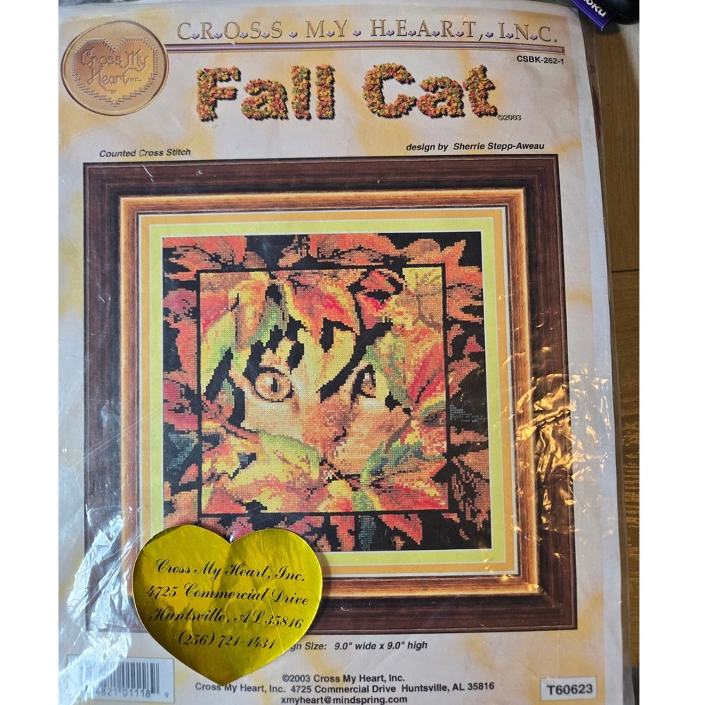 Vintage Cross My Heart Fall‎ Cat Counted Cross Stitch Kit - partially complete